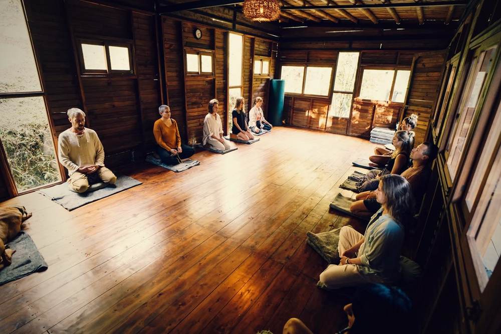 Group meditation session in the meditation hall