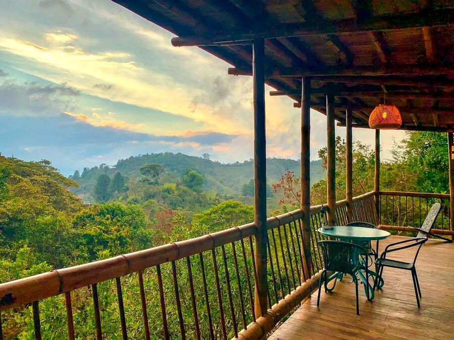 Balcony view over the mountains at sunset