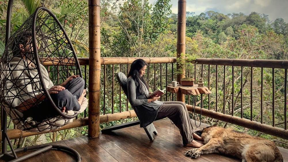 Guest relaxing on the balcony with the resident dog