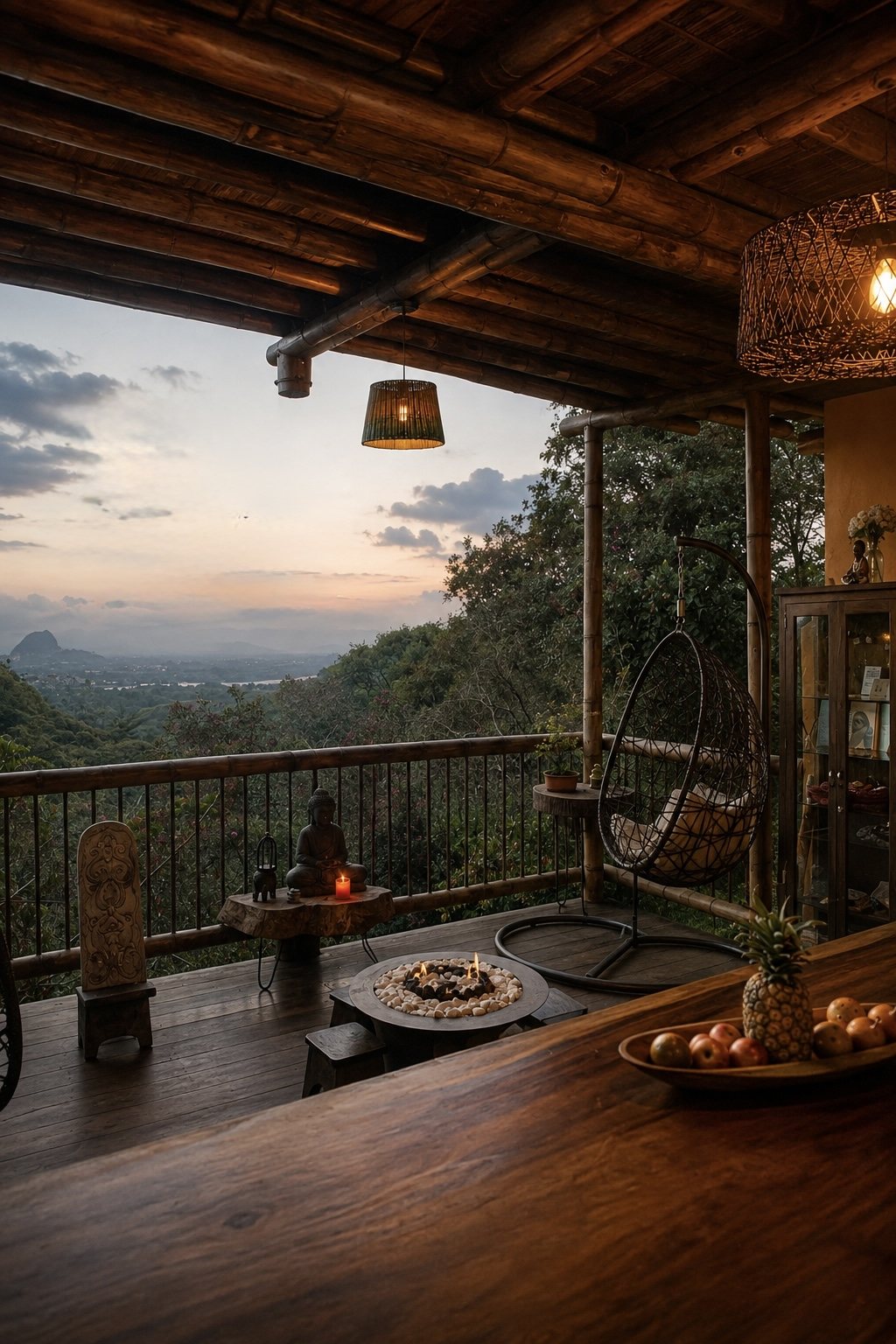 Terraza al atardecer con vista a las montañas en La Casa de Loto